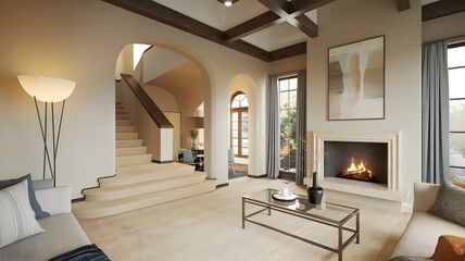 High resolution photography interior design, stairs, main stage, modern design, high ceiling, cozy atmosphere, Living room, fireplace, floor lamp, glass table, beige carpet, photorealistic, color exam