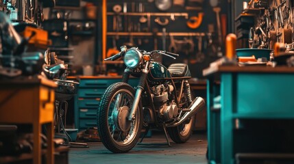 Fototapeta premium Classic Motorcycle in Garage with Shelves of Parts