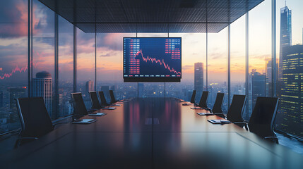 An elegant boardroom with a panoramic window view of a city skyline a large screen showing stock tickers dropping.
