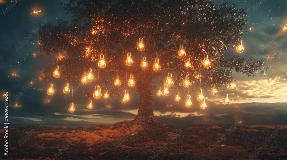Aufkleber surreal digital art featuring a tree adorned with light bulbs representing knowledge and creativity 