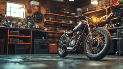 Classic Motorcycle in Garage with Shelves of Parts