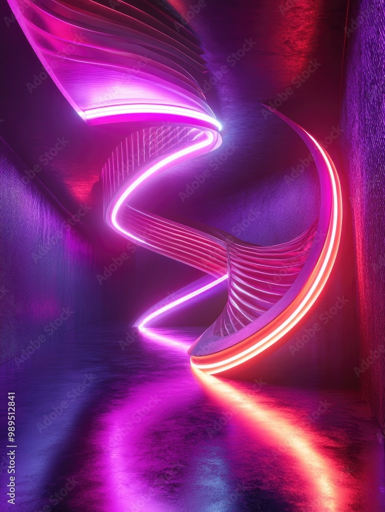 Poster abstract 3d rendering of dynamic neon lines twisting and glowing in a dark space with reflective flo