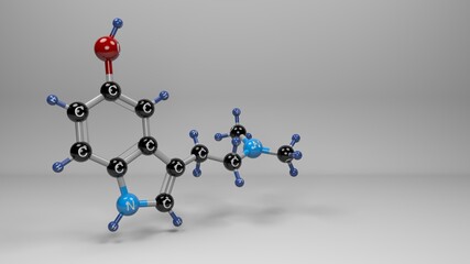 Bufotenin molecule. Molecular structure of Bufotenine, psychoactive alkaloid found in a variety of organisms, including certain toads, mushrooms, and plants.