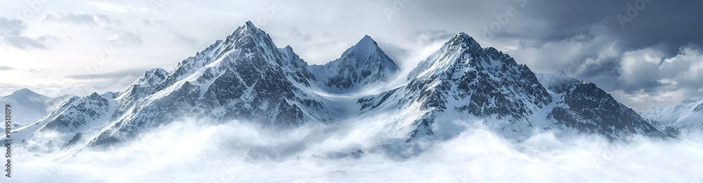 Wall mural snowy mountains surrounded by clouds, with a white background and sharp...