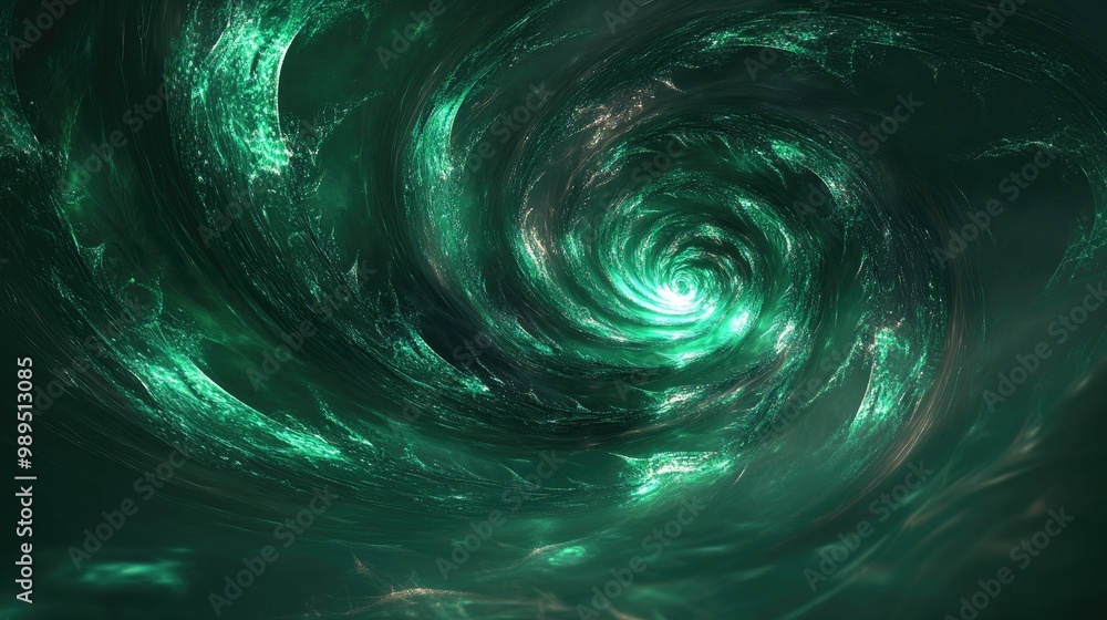 Poster enchanting green glowing spiral fractal with dynamic paths digitally created abstract backdrop 3d vi