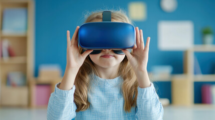 Young student experiencing virtual reality technology with a VR headset in a modern classroom for interactive learning and exploration.