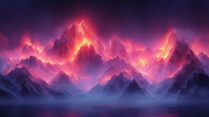 A minimalist design featuring a glitchy landscape of a mountain range, with the peaks and valleys fragmented by digital artifacts, neon streaks, and color distortions