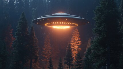 3D rendering of a UFO alien spacecraft hovering above a forest during nighttime