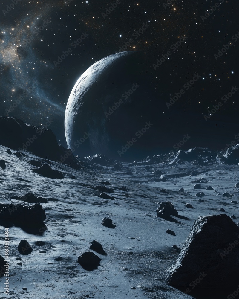 Poster desolate planet surrounded by asteroids in a vast cosmic expanse
