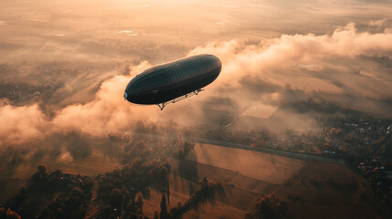 A blimp glides over a misty landscape at sunrise, capturing the tranquility of early morning skies