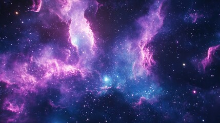 Obraz premium Vibrant nebula backdrop featuring glowing colors in a cosmic setting A blend of purple and blue hues with bright stars creating an enchanting universe in a 2D cartoon style