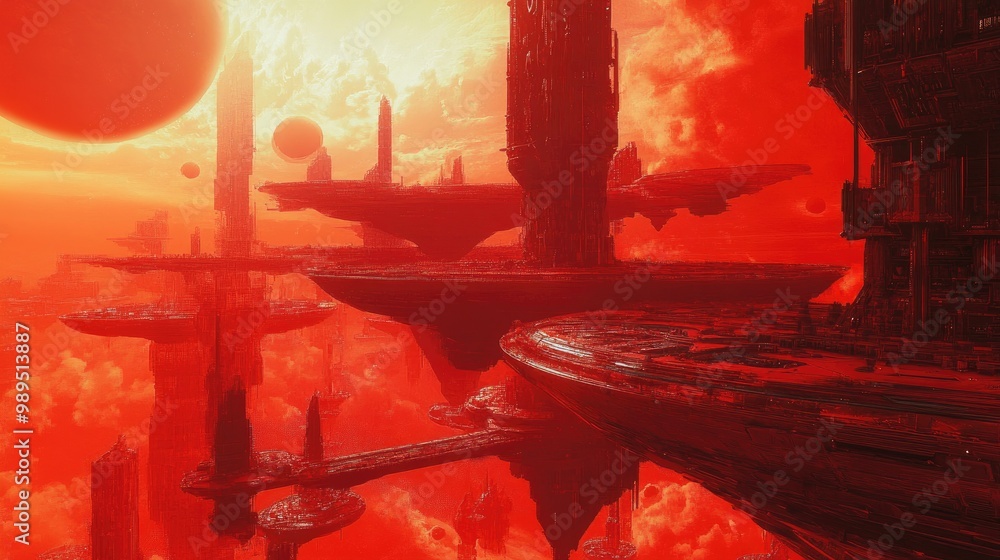 Poster fractal landscape featuring large structures and platforms interconnected in a vibrant red environme