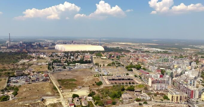 Aerial view of Taranto Steelworks, Italy. The ILVA plant in Taranto is an industrial complex located in the Tamburi district.