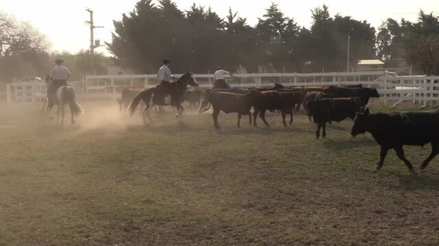 
Herding cows and steers in a corral by gauchos mounted on horses. Animal herding at the Gaucho fair in Argentina.