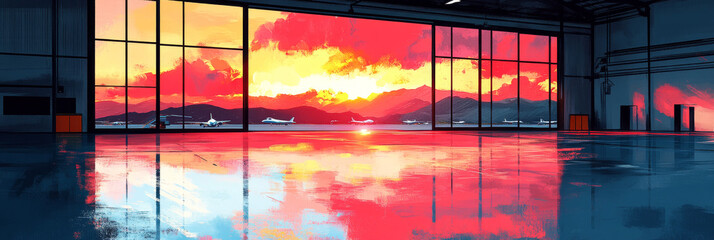 Silhouettes of planes against a fiery sunset seen through hangar doors.