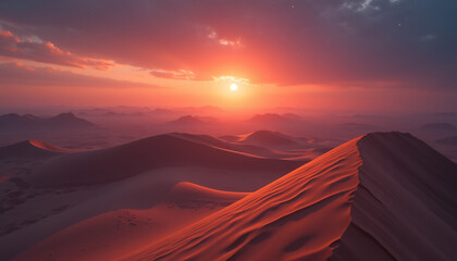 Naklejka premium Soar above a surreal desert landscape where giant dunes shift and change shape