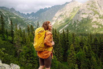 Naklejka premium A hiker enjoys the fresh mountain air while trekking a rocky trail through the lush green landscape in the afternoon light. Concept of an active lifestyle.