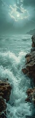 Obraz premium Large body of water that is next to a rocky shore, nature background