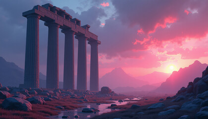 Obraz premium Travel through a surreal, dreamlike landscape where massive stone pillars rise from the ground