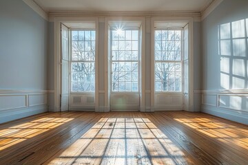Obraz premium Room with a lot of windows and a wooden floor, empty apartment