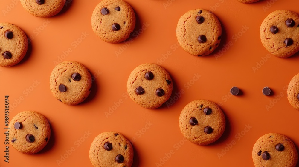 Poster a delightful array of freshly baked chocolate chip cookies on a minimalistic backdrop, perfectly arr
