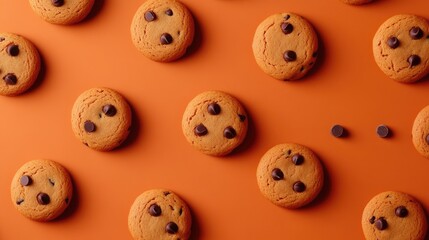 Fototapeta premium A delightful array of freshly baked chocolate chip cookies on a minimalistic backdrop, perfectly arranged for a tempting treat