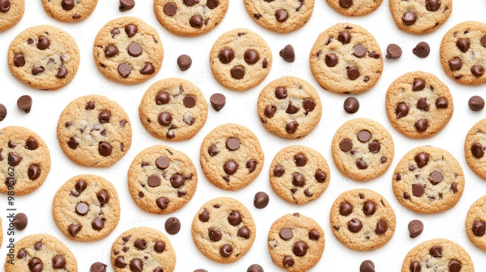 Poster delightful arrangement of chocolate chip cookies on a clean white background in a high-resolution fl