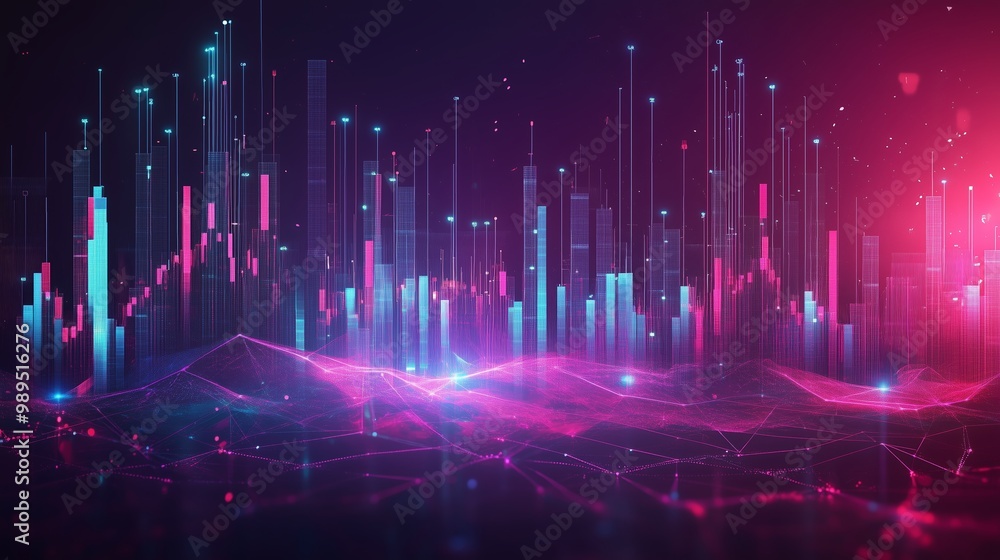 Poster vibrant digital landscape showcasing colorful data visualization with neon patterns and abstract geo