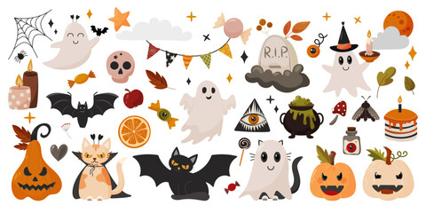 Halloween graphic elements - pumpkins, ghosts, moth, skull, bat, leaves, cauldron, cat, candy. Hand drawn set in cartoon style. Vector illustration.