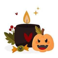 Halloween composition with pumpkin, candle, leaves and candy. Autumn design for invitation cards, trick or treat decor, greetings