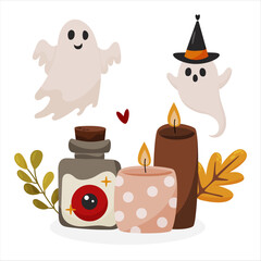 Halloween composition with pumpkin, candle, leaves and spooks. Autumn design for invitation cards, trick or treat decor, greetings. Hand drawn vector illustration  in cartoon style. Design for geetin