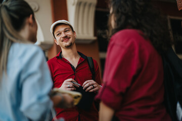 Three young business associates networking outdoors, enjoying a pleasant conversation and building professional relationships.