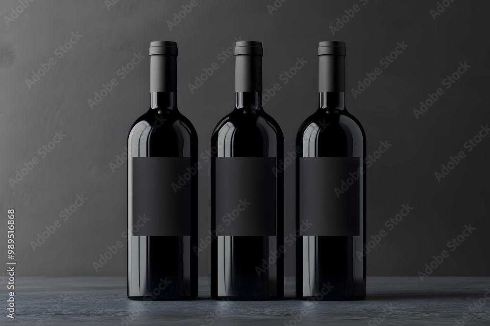 Aufkleber on an abstract dark background, three black wine bottles with empty blank labels with copyspace for 