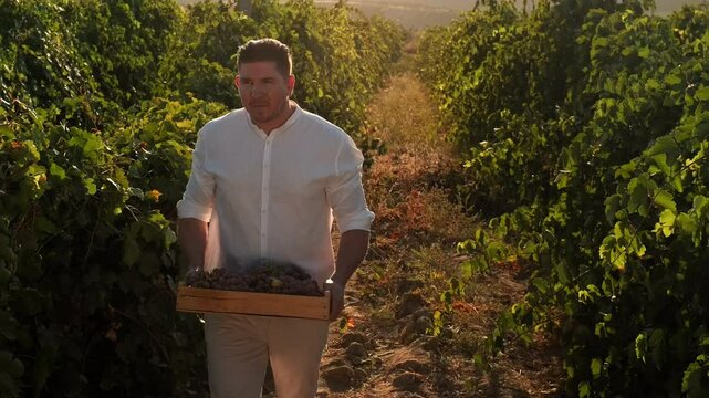 Grape harvest. Attractive male plantation owner with box of grapes admire fresh harvest, walk through vineyards at sunset. The harvesting of wine grapes in winemaking. Harvesting season