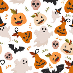 Autumn seamless pattern of halloween elements spooks, bat, autumn leaves, skull. Great for harvest festival cards, invitations, banner, textile - vector design, cartoon style illustration