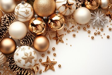 Golden and white Christmas ornaments with pinecones and stars, copy space on the right