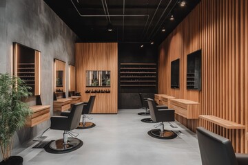 Stylish interior of a modern hair salon featuring wooden accents and minimalist design with comfortable styling chairs