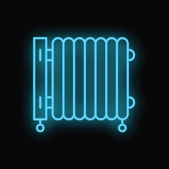 Blue neon icon of a radiator representing winter warmth on a black background
