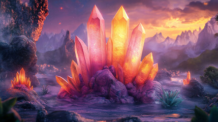 Fototapeta premium A captivating illustration of an exquisite crystal and flowers. Set against a backdrop of floating islands and a lush, fantastical landscape