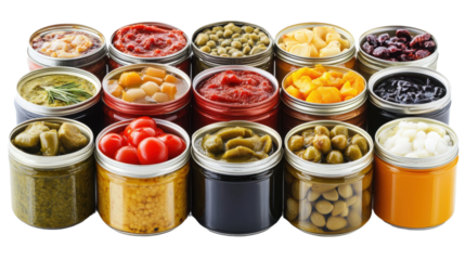 Assorted Jars of Preserved Vegetables and Fruits in Bright Colors
