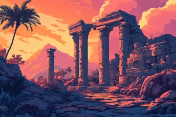 Fototapeta premium Ruined Temple with Palm Tree and Mountain at Sunset