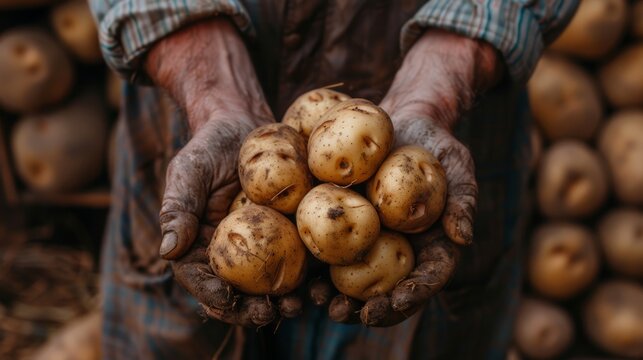 Hands, dirt-stained and weathered, cradle a handful of freshly harvested potatoes while surrounded by faint agricultural textures in a rustic setting