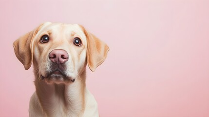 A playful Lab Pei dog with a shiny coat, looking curiously at the camera against a soft pastel backdrop