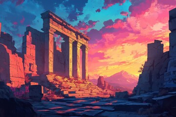 Fototapeta premium Ancient Ruins at Sunset with Mountain Range in Background