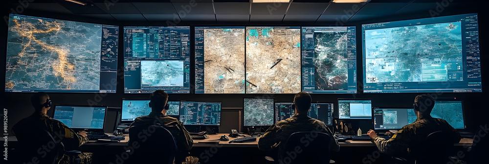 Poster in a command center, personnel monitor various tactical maps and live data on multiple screens, coor