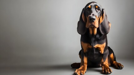 A black and tan bloodhound sitting majestically on a , showcasing its droopy ears and expressive eyes