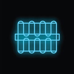 Blue neon radiator icon glowing on black background, heating system symbol