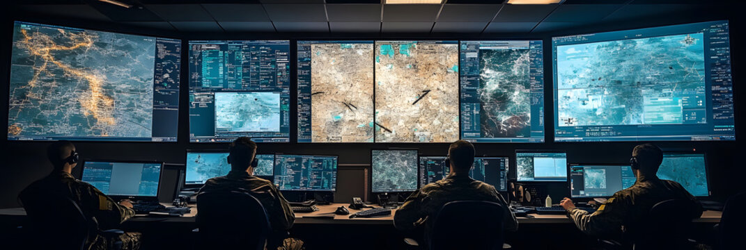 In a command center, personnel monitor various tactical maps and live data on multiple screens, coordinating activities during a military operation - Powered by Adobe