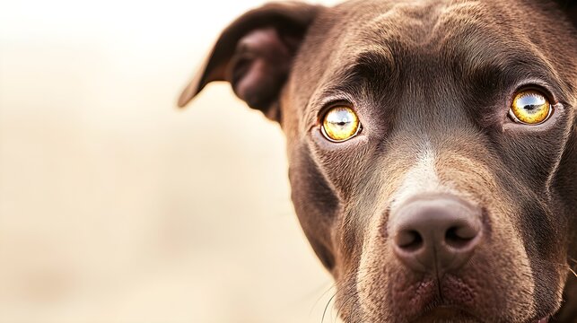 A close-up of a Labrabull dog face, highlighting its unique features and warm eyes against a soft pastel backdrop