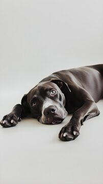 A playful Labrabull dog lying down with its paws stretched out, surrounded by a minimalistic light-colored background